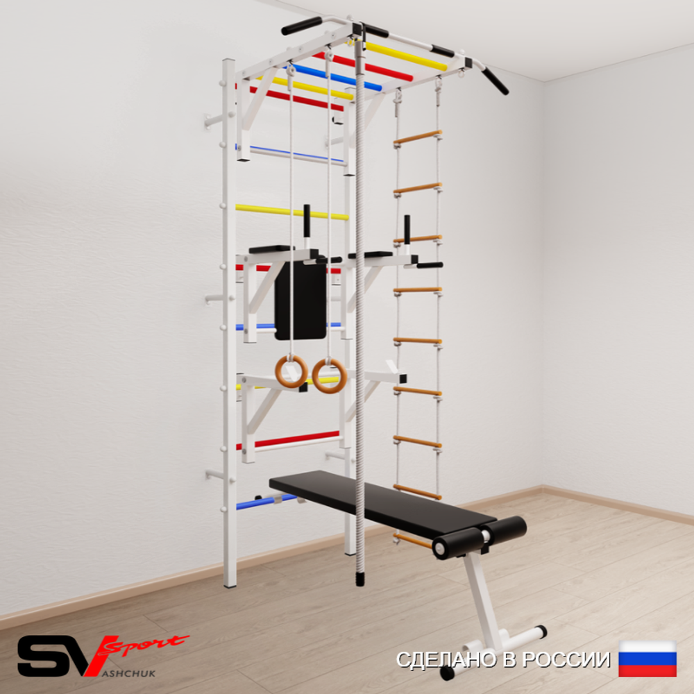 Шведская стенка Sv Sport 527 (Турник рукоход/Брусья/Стойка/Скамья/Канат/Кольца/Лестница)