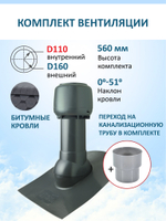 Комплект вентиляции: Вентиляционный выход изолированный D125/160 утепленный высота H=500 мм, проходной элемент для битумной кровли, колпак вентиляционный D160 мм, переход на канализационную трубу D110 с вентиляционного выхода 125/160 без уплотнения, коричневый