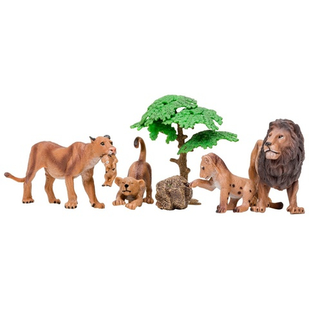 Набор фигурок животных серии "Мир диких животных": Семья львов, дерево, камень