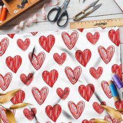 Ткань лён красные сердечки на белом фоне