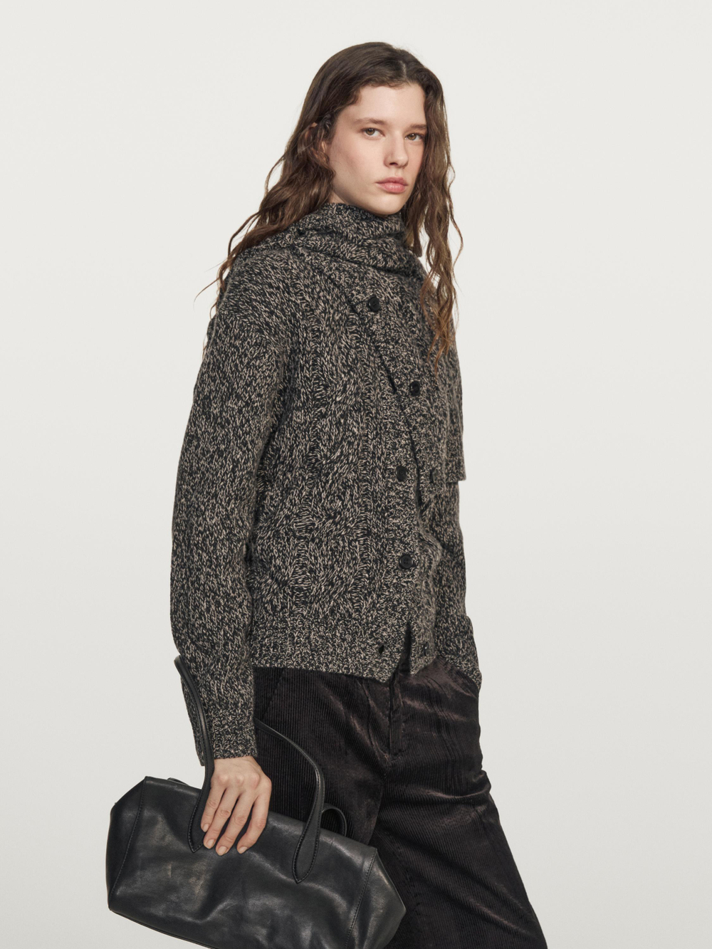 Massimo Dutti Кардиган из смесовой шерсти с узором «косы», черный