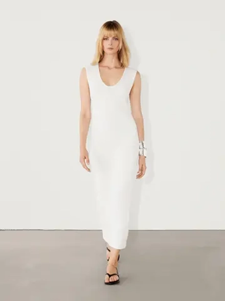 Massimo Dutti Платье миди из хлопкового трикотажа, натуральный, кремовый
