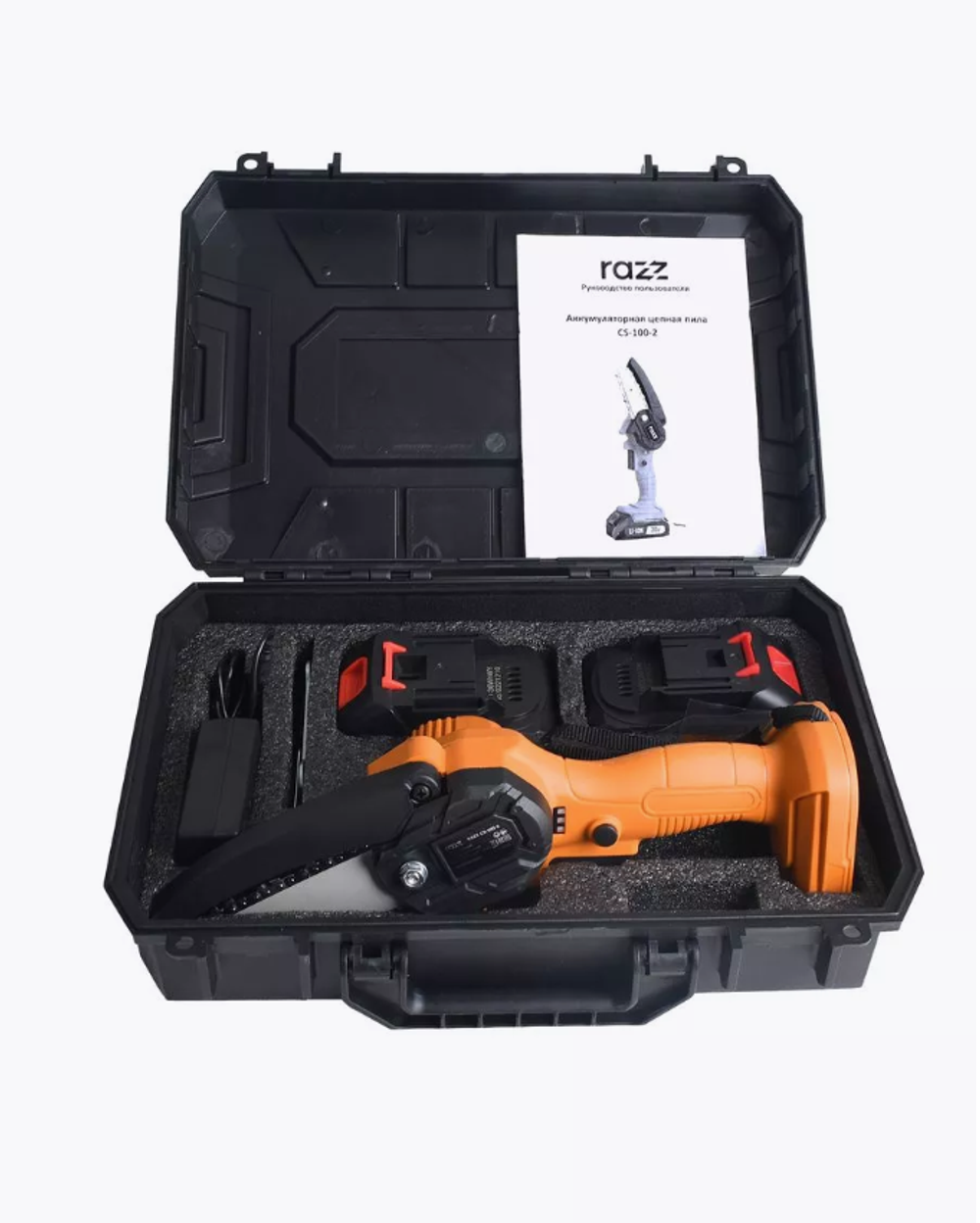 Цепная пила аккумуляторная RAZZ CS-100-2, 20 В, 2*2 Ач, 10 см
