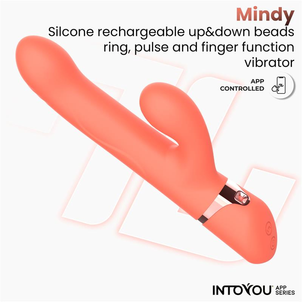 Коралловый вибратор-кролик с кольцом из бусин и имитацией фингеринга Mindy