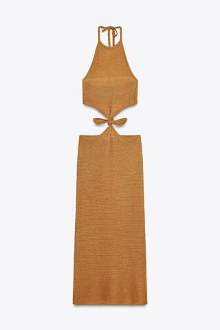 ZARA ТРИКОТАЖНОЕ ПЛАТЬЕ С ГОРЛОВИНОЙ ХАЛТЕР И ДЕКОРАТИВНЫМ ВЫРЕЗОМ, СВЕТЛО-КОРИЧНЕВЫЙ