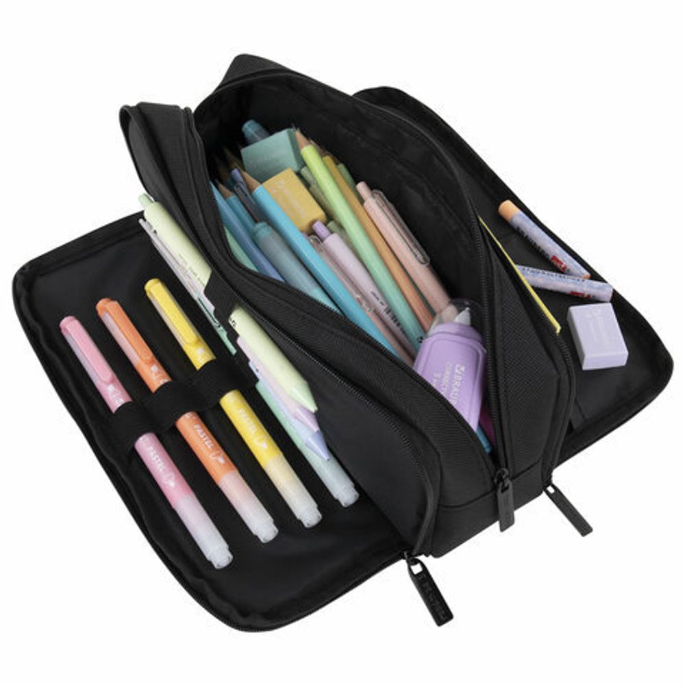 Пенал-органайзер BRAUBERG, 2 откидные планки, полиэстер, 23x9х7 см, "Total black", 272317