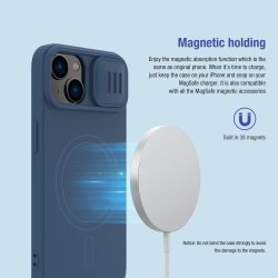 Чехол с шелковистым покрытием синего цвета (Midnight Blue) от Nillkin c поддержкой MagSafe для iPhone 14 и 13, серия CamShield Silky Magnetic Silicone Case