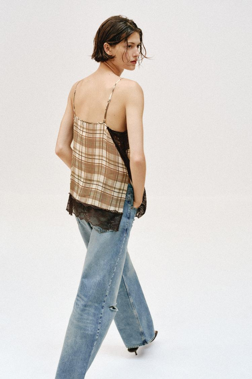 ZARA ТОП В БЕЛЬЕВОМ СТИЛЕ В КЛЕТКУ, РАЗНОЦВЕТНЫЙ