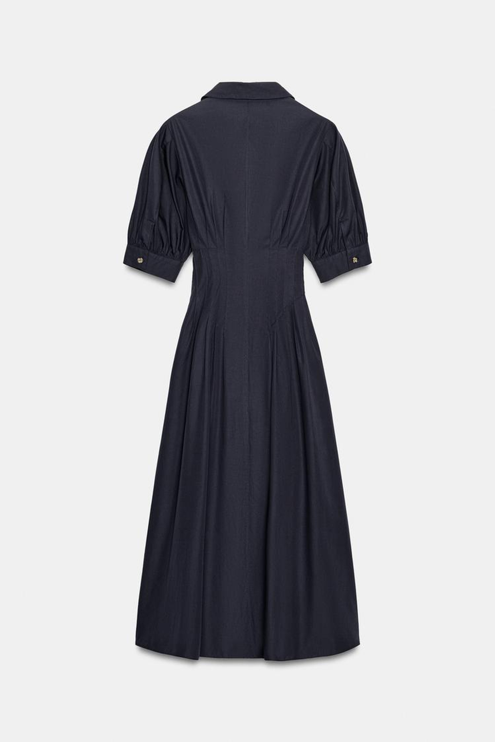 ZARA ПЛАТЬЕ МИДИ ИЗ ПОПЛИНА С ОБЪЕМНЫМИ РУКАВАМИ, МОРСКОЙ СИНИЙ