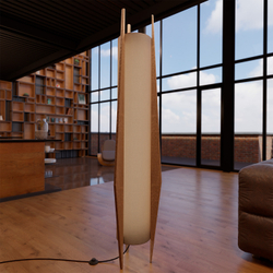 Торшер Teka в стиле Japandi с льняным абажуром у окна