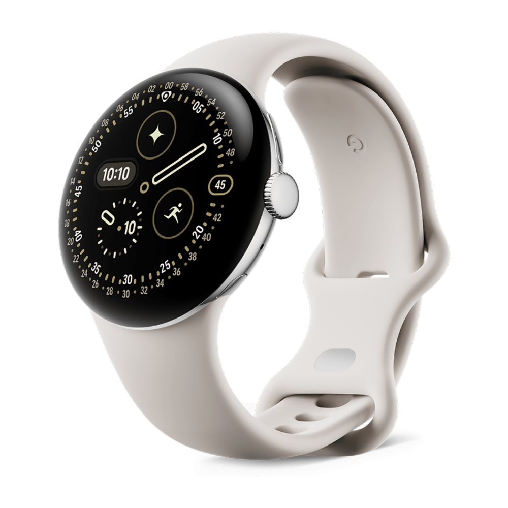 Умные часы Google Pixel Watch 4, 41 мм, Wi-Fi, ремешок фарфорового цвета Полированный серебристый корпус из переработанного алюминия, ремешок из фторэластомера с покрытием «софт-тач» и застёжкой pin-and-tuck — на запястье обхватом 130–210 мм