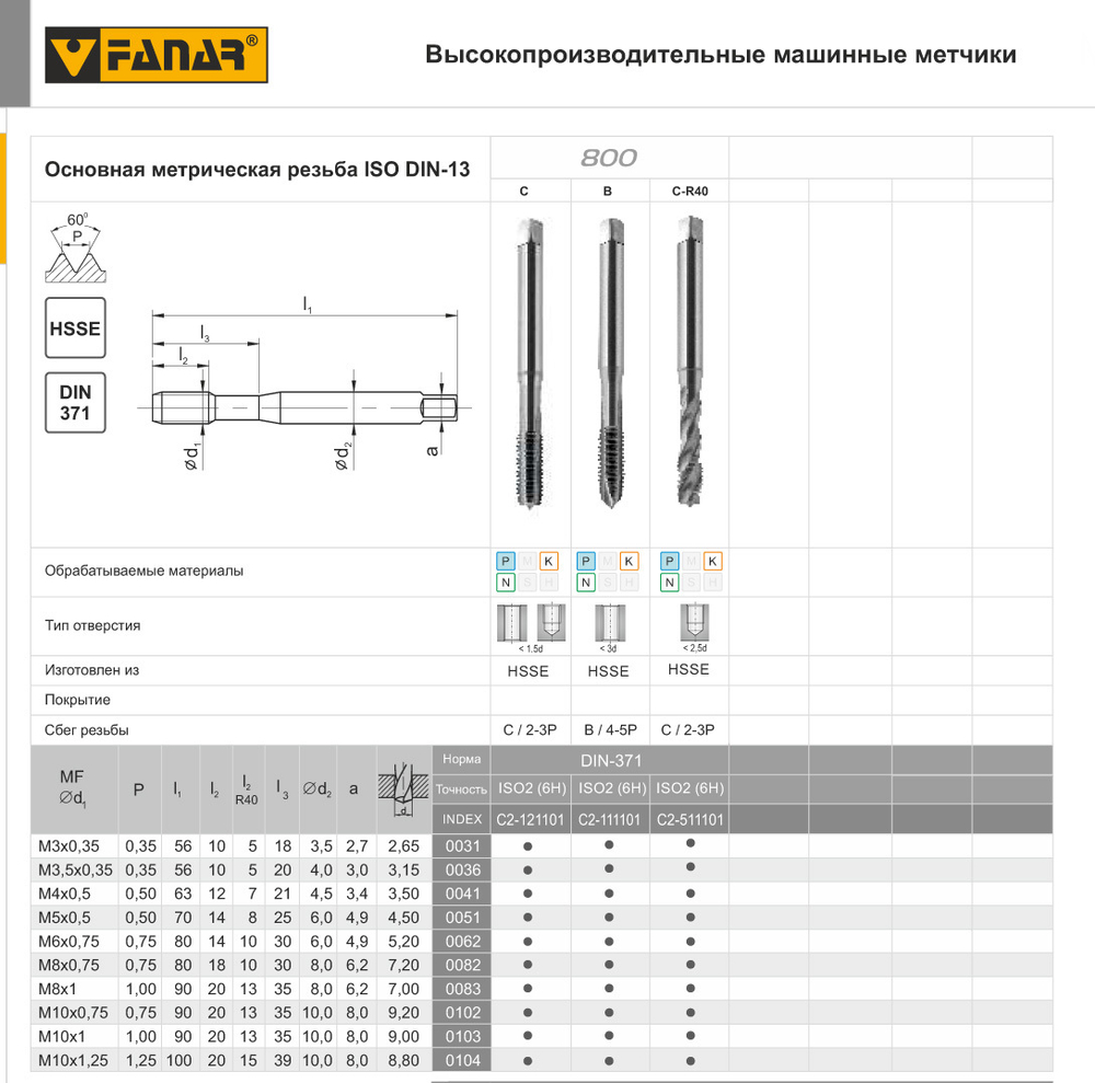 Метчик машинный DIN-371-C M10x0,75 ISO2(6H) R40 HSSE 800 C2-511101-0102