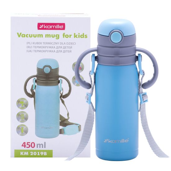 Термос для детей 450 мл. Kamille KM-2019B из нержавеющей стали с ремешком или двумя ручками