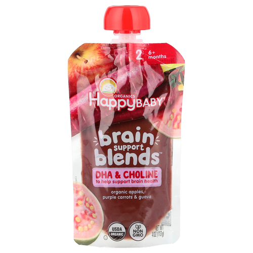 Happy Family Organics, Happy Baby®, Brain Support Blends™, смесь для поддержки мозга, для детей от 6 месяцев, органические яблоки, фиолетовая морковь и гуава, 113 г (4 унции)