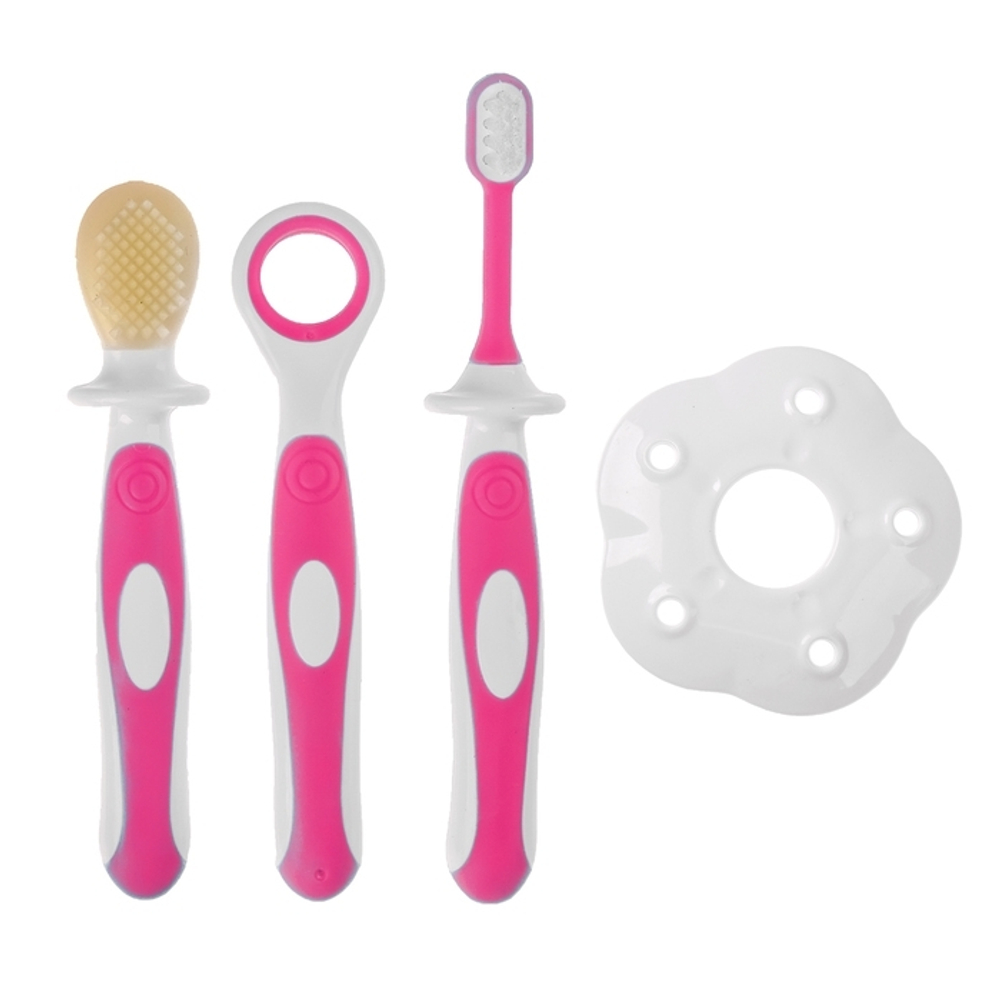 2849330 Зубная щётка детская, набор 3 шт. с ограничителем: силиконовая, с мягкой щетиной, розовый