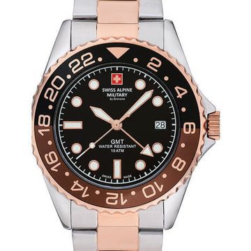С браслетом Мужские наручные часы с серебряным золотым браслетом Swiss Alpine Military 7052.1154 mens watch GMT 42mm 10ATM