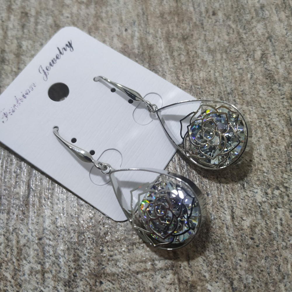 Серьги-петли Cubic Zirconia подвеска широкая капля роза кристалл цвет прозрачный металл серебристый
