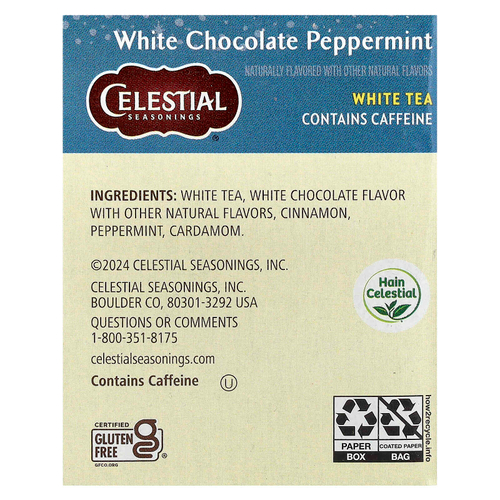 Celestial Seasonings, белый чай, белый шоколад и перечная мята, 20 чайных пакетиков, 25 г (0,9 унции)
