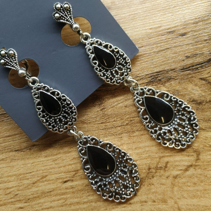 Серьги на англ.заст Bohemia 2 капли вензеля металл античный серебристый