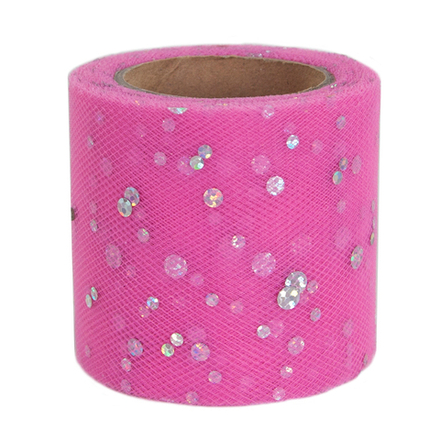 Лента (5,5 см*13,72 м) Фатин с пайетками, Ярко-розовый, 1 шт.