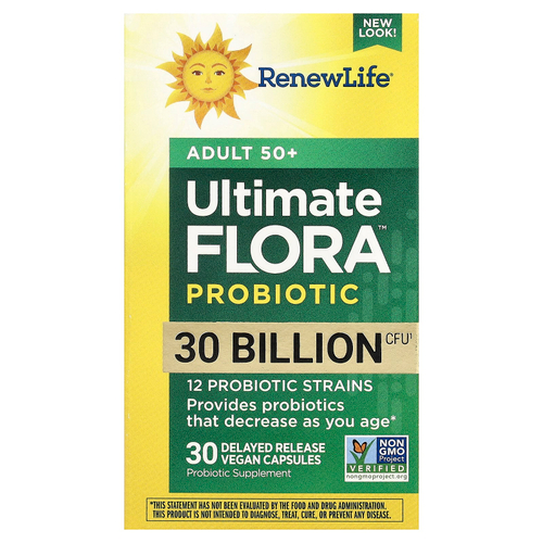 Renew Life, Ultimate Probiotic Flora™, для взрослых старше 50 лет, 30 млрд КОЕ, 30 веганских капсул с отсроченным высвобождением