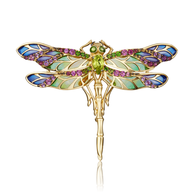 Брошь «Стрекоза» из лимонного золота с миксом камней и эмалью