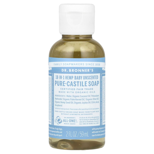 Dr. Bronner's, Чистое кастильское мыло из конопли 18-в-1, детское без запаха, 59 мл (2 жидк. унц.)