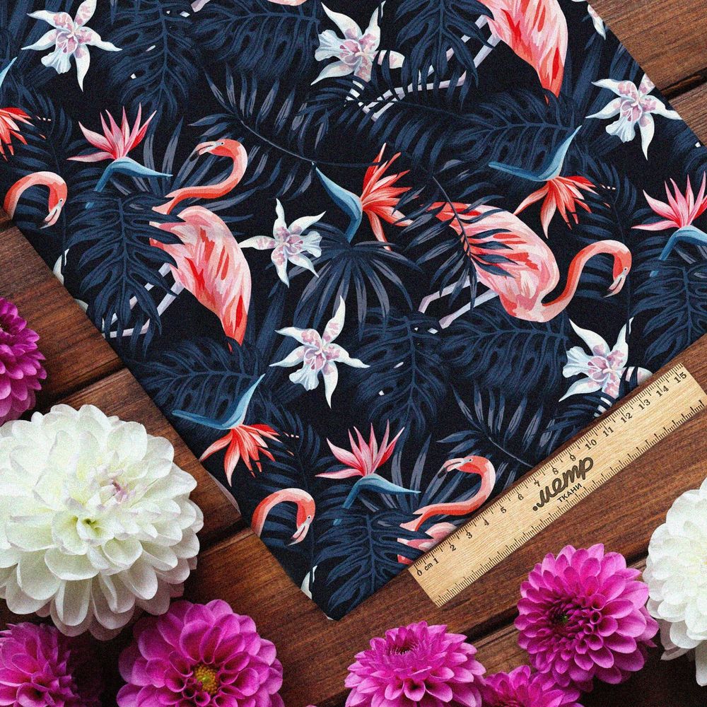 Ткань шелк Армани фламинго с листьями