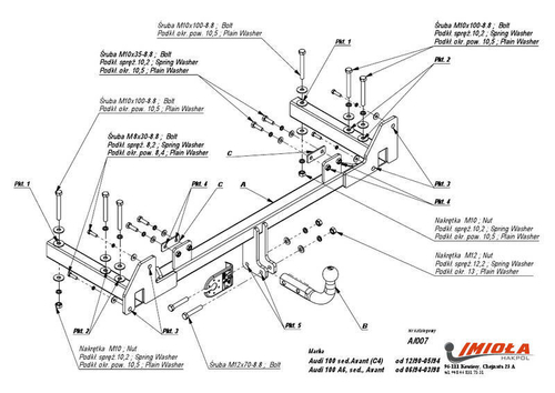 Фаркоп IMIOLA A.007 Audi 100 седан/универсал 1990-1998, Audi A6 седан/универсал 1994-1998(паспорт и сертификат в комплекте)(без электрики)