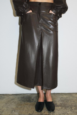 ZARA ЮБКА ИЗ ИСКУССТВЕННОЙ КОЖИ СО СКЛАДКАМИ — ZW COLLECTION, СЕРО-КОРИЧНЕВЫЙ