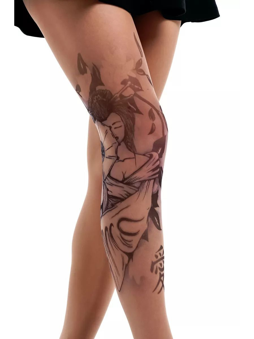 Колготки с принтом в виде гейши с веером (Размер: S-M-L) (Цвет: бежевый)