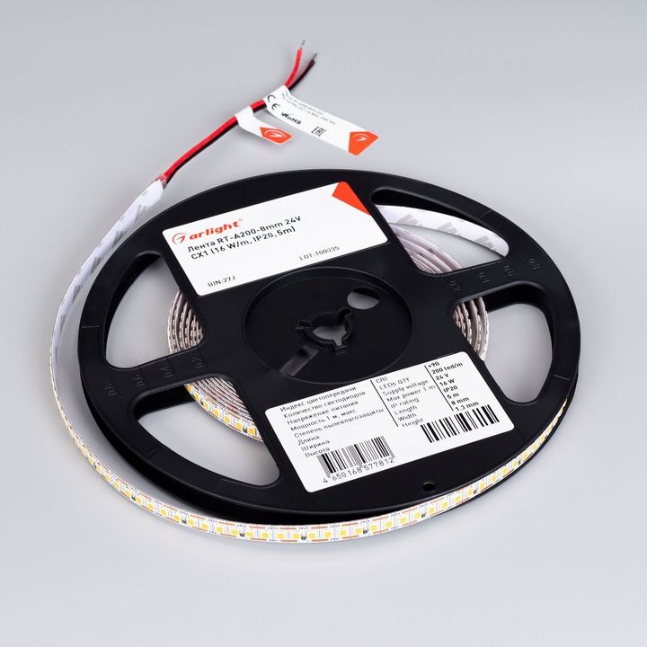 Светодиодная лента Arlight 6W/m 200Led/m 2835SMD теплый белый 5M RT-A200-8mm 24V Warm2700-CX1 046942