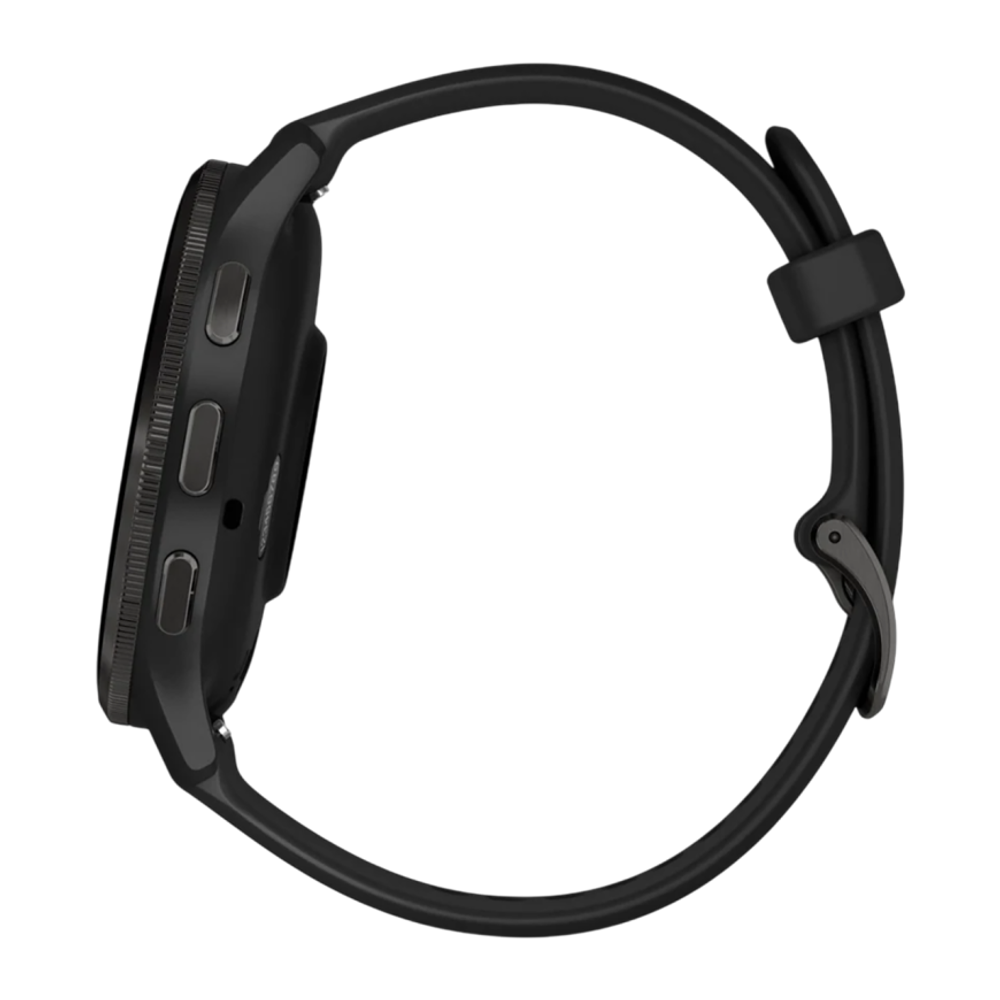 Спортивные часы Garmin Venu 3, 45 мм, чёрный силиконовый ремешок Безель из нержавеющей стали сланцевого цвета, корпус чёрного цвета, AMOLED-дисплей со стеклом Gorilla Glass. Ремешок с классической застёжкой — на запястье обхватом 135–200 мм