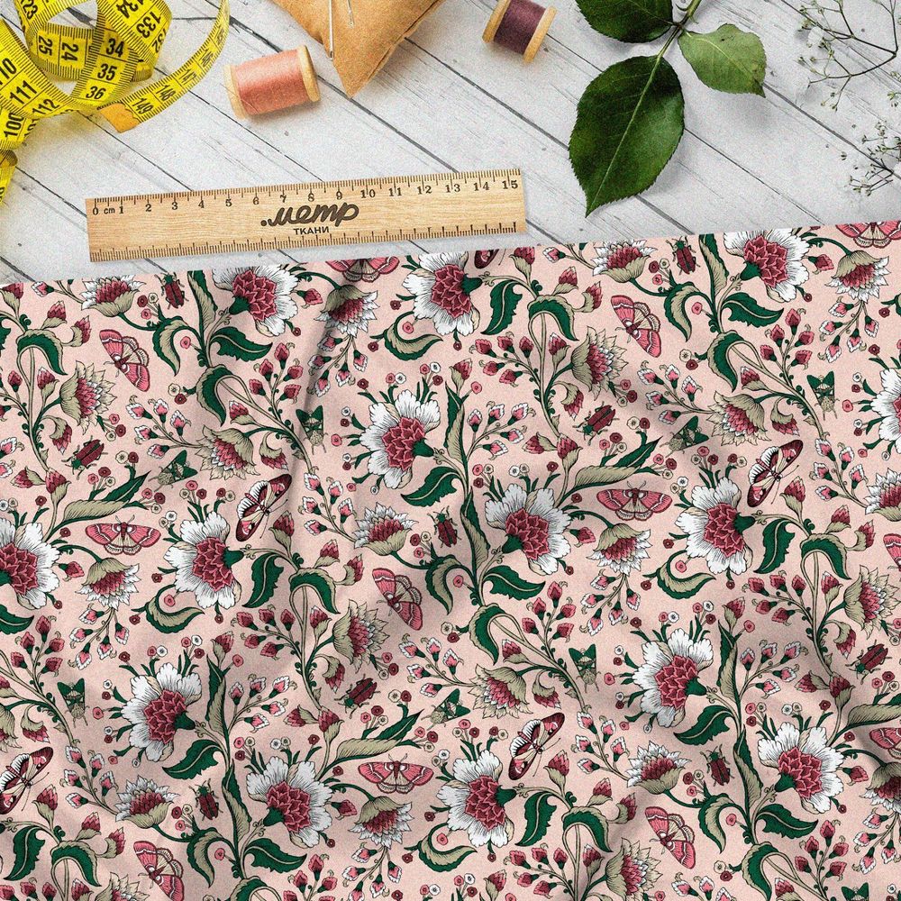 Ткань бифлекс орнамент цветов с листьями