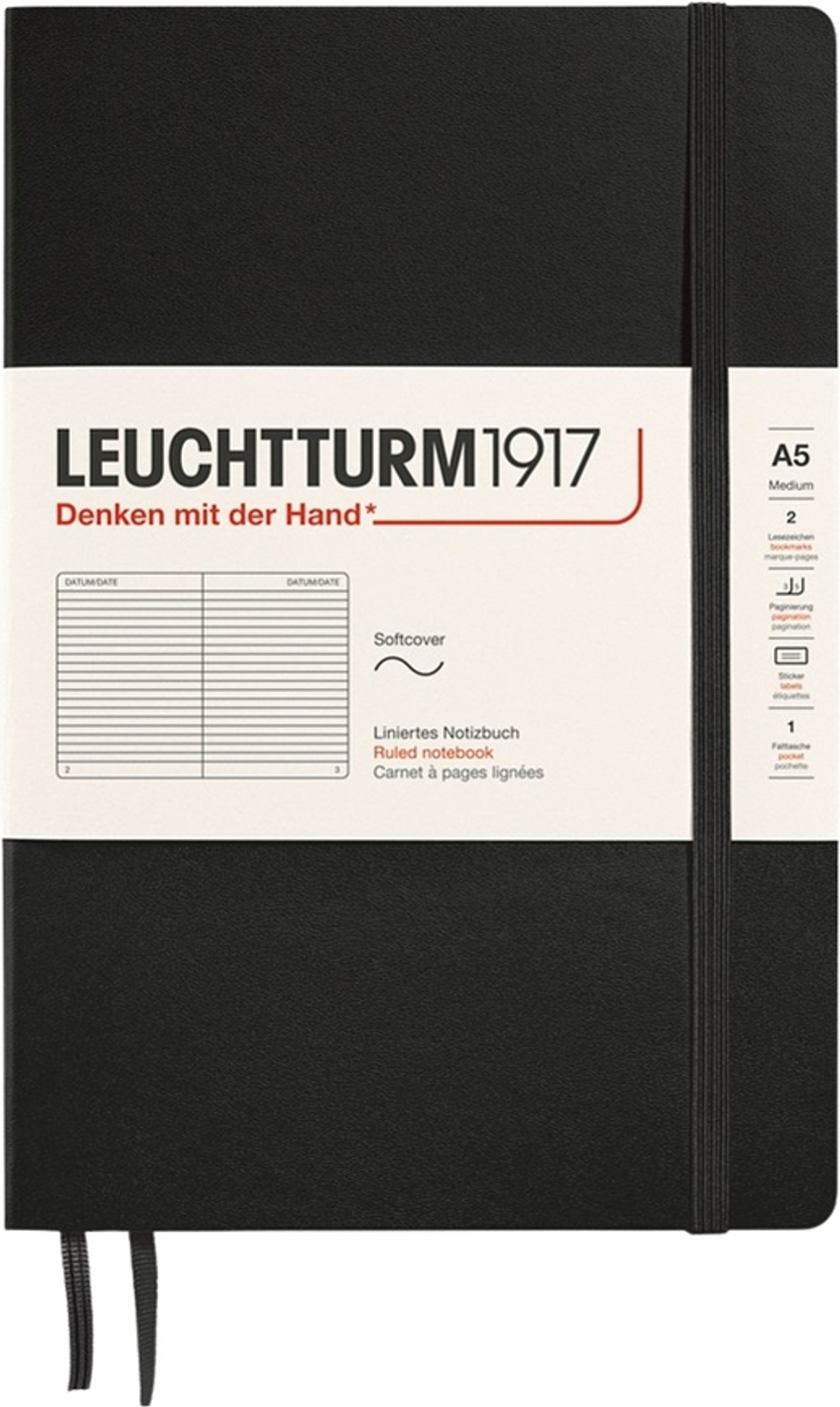 Блокнот Leuchtturm 1917, y, A5, в линейку, чёрный