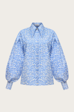 БЛУЗА ИЗ ГОЛУБОГО ХЛОПКА С АВТОРСКИМ ПРИНТРОМ