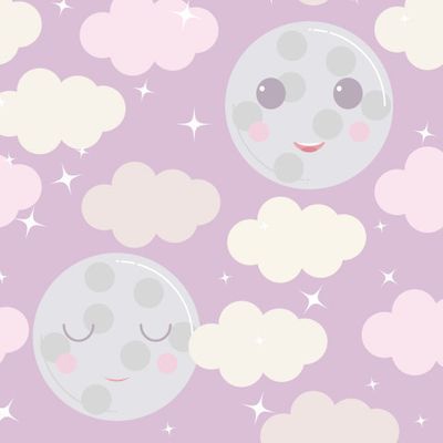 Узор ночного неба. Симпатичная улыбающаяся луна, звезды, облака. Детский принт в мягких пастельных тонах.