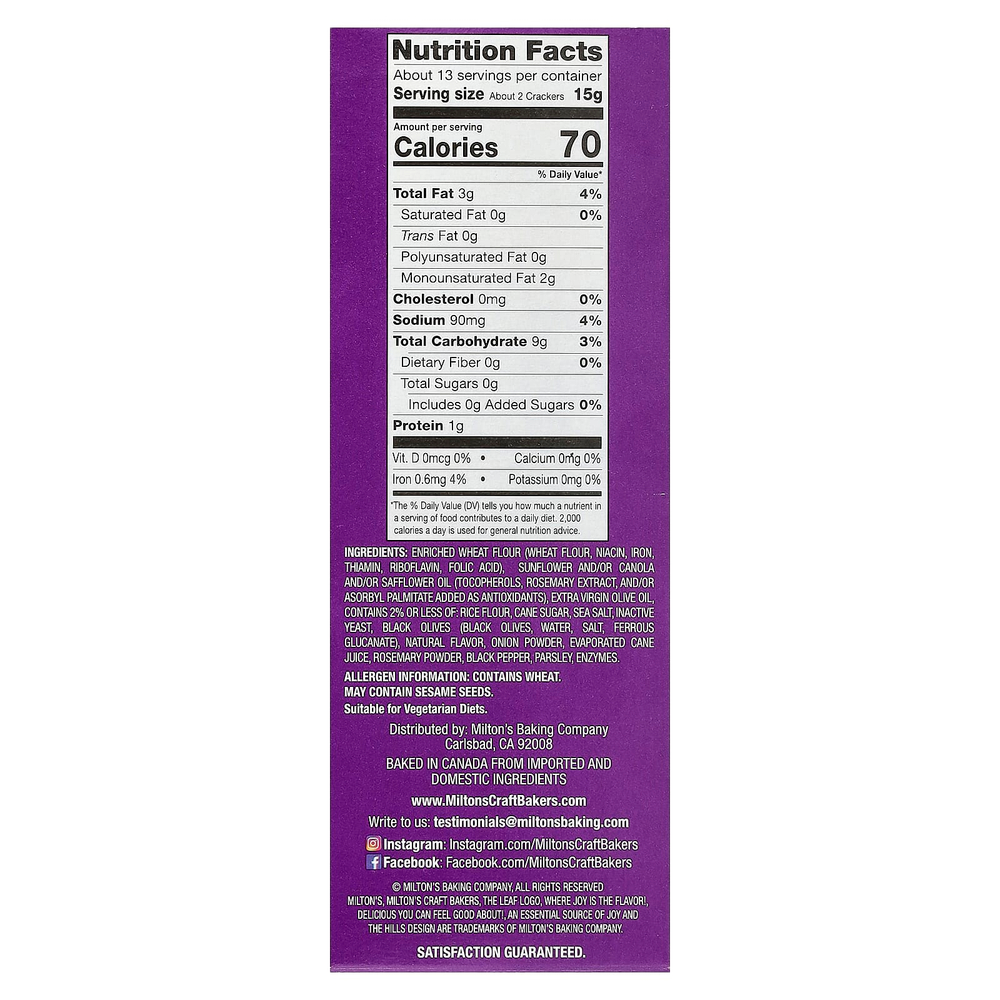 Milton's Craft Bakers, Gourmet Crackers, оливковое масло и морская соль, 193 г (6,8 унции)
