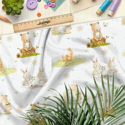 Ткань таффета добрые животные в лесу со своей семьёй