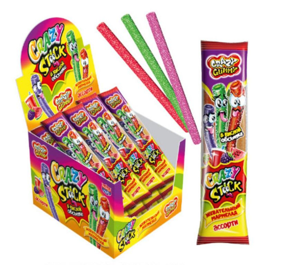 Жевательный мармелад в кислой обсыпке «CRAZY GUMMY. CRAZY STICK» ассорти 20гр*24шт*12 блоков