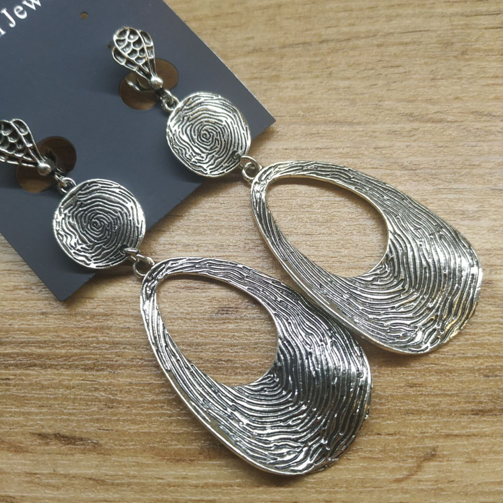 Серьги на англ.заст Bohemia пластина кружок капля отпечаток металл античный серебристый 7х3,4 см