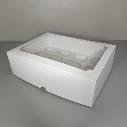 Коробка для капкейков с окном на 12 капкейков белая 35х25х10 см