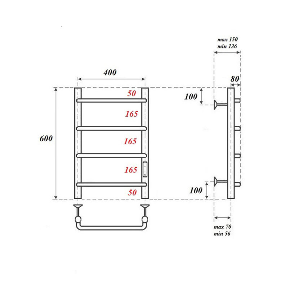 Полотенцесушитель электрический Point Ника PN08846 П4 400x600 диммер справа, хром