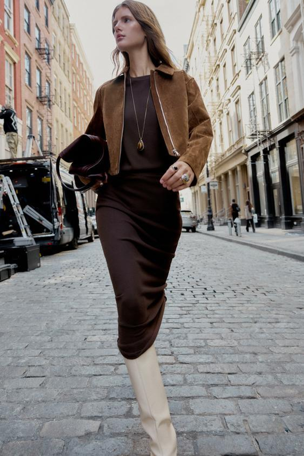 ZARA ТРИКОТАЖНАЯ ЮБКА-МИДИ С РАЗРЕЗОМ, ТЕМНО-КОРИЧНЕВЫЙ