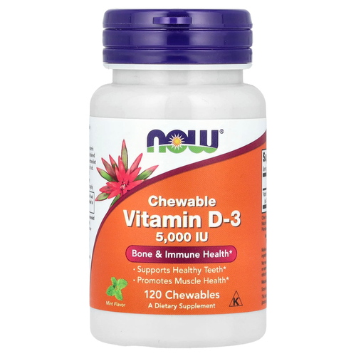 NOW Foods, жевательный витамин D3, натуральный мятный вкус, 5000 МЕ, 120 жевательных таблеток