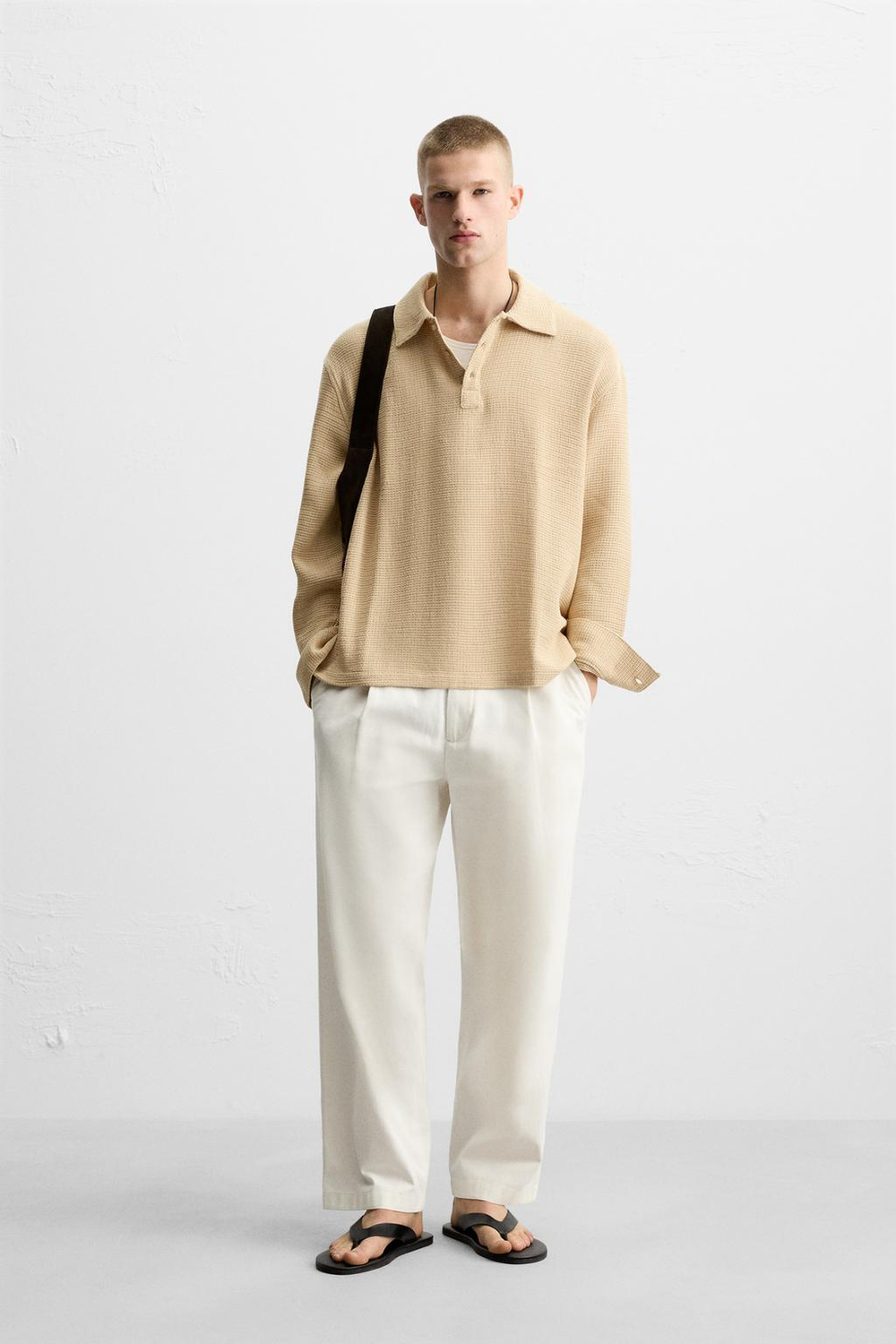 ZARA ПОЛО ИЗ ТКАНИ С РЕЛЬЕФНЫМ УЗОРОМ, СОЛОМЕННЫЙ