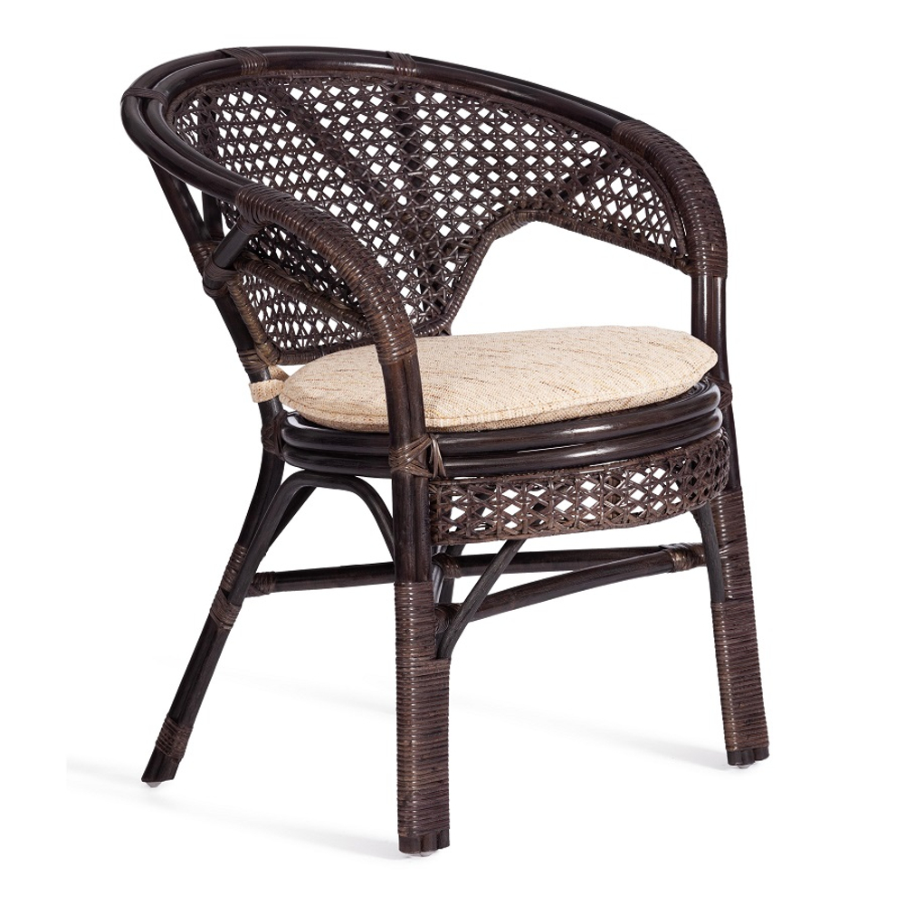 Комплект "PELANGI" (стол со стеклом + 4 кресла) с подушками, ротанг, кресло 65х65х77см, стол диаметр 64х61см, walnut (грецкий орех)