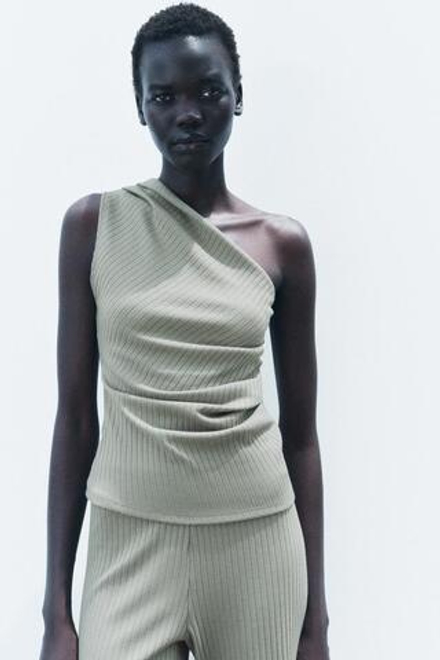 ZARA ТОП АСИММЕТРИЧНОГО КРОЯ В РУБЧИК, СВЕТЛЫЙ ХАКИ