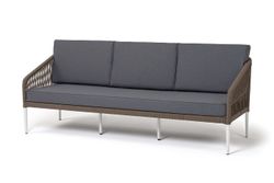 "Канны" диван 3-местный плетеный из роупа, каркас алюминий белый муар, роуп коричневый круглый, ткань темно-серая 027