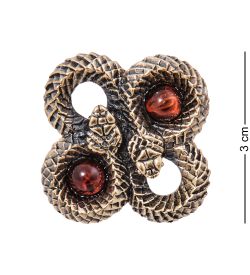 AM- 771 Брошь «Змеи Клевер» (латунь, янтарь)